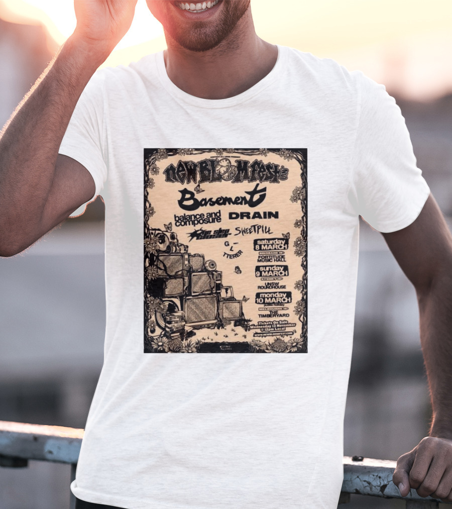 New Bloom Fest 2025 Basement Balance And Composure Drain Turnover Live Concert March 8-10 T-Shirt