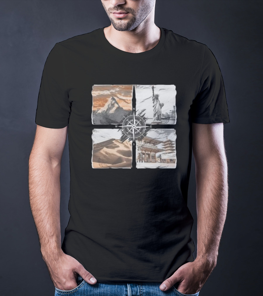 Dads Being Dudes Live Your Life Vintage Mountain Dunes Statue Of Liberty Pagoda Compass T-Shirt