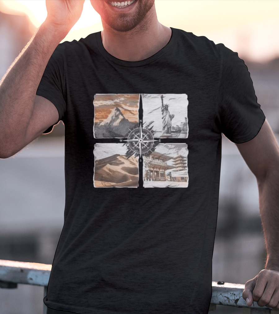 Dads Being Dudes Live Your Life Vintage Mountain Dunes Statue Of Liberty Pagoda Compass T-Shirt