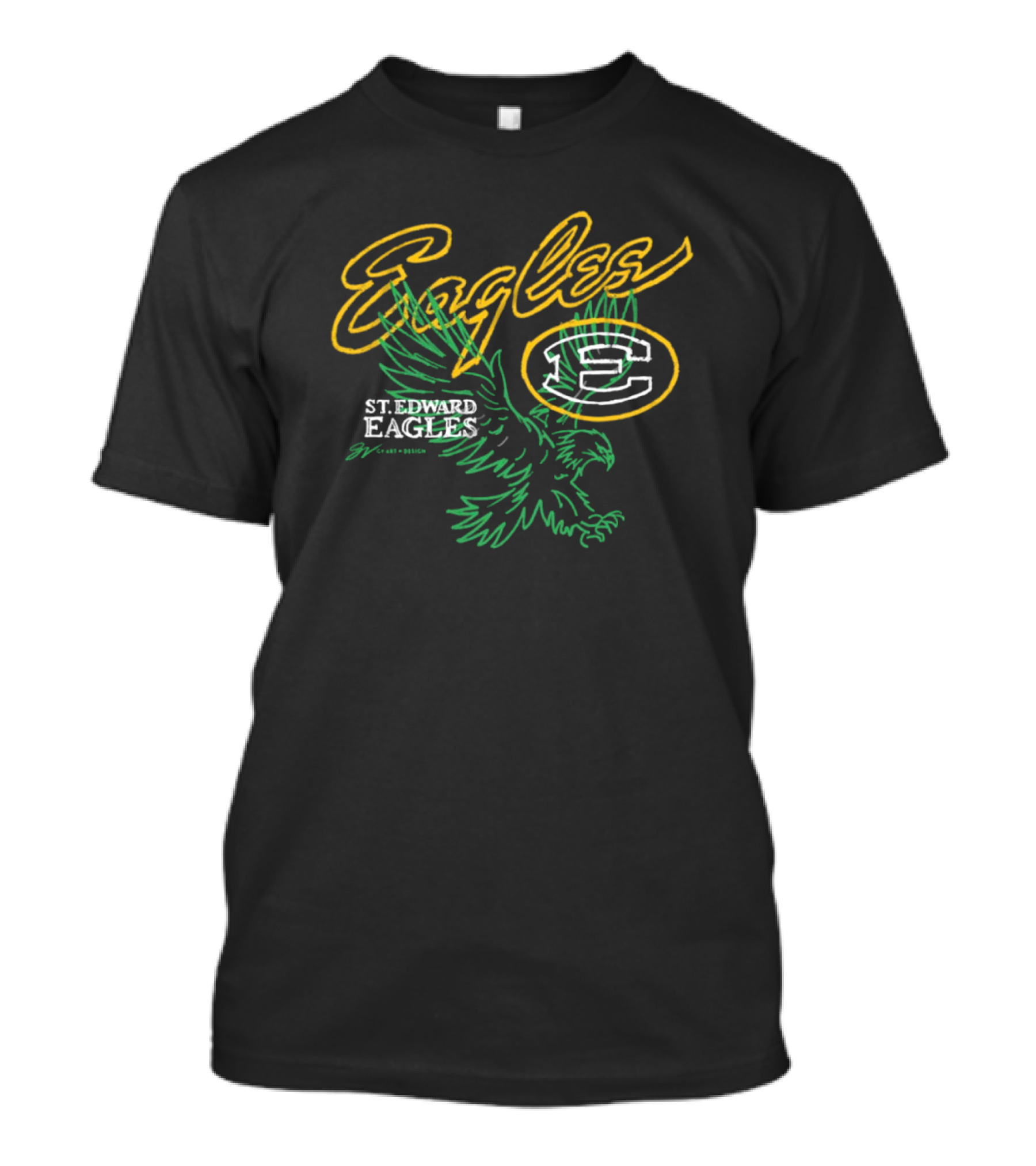St. Edward Eagles Basketball Yellow Outline And Green Eagle Emblem T-Shirt