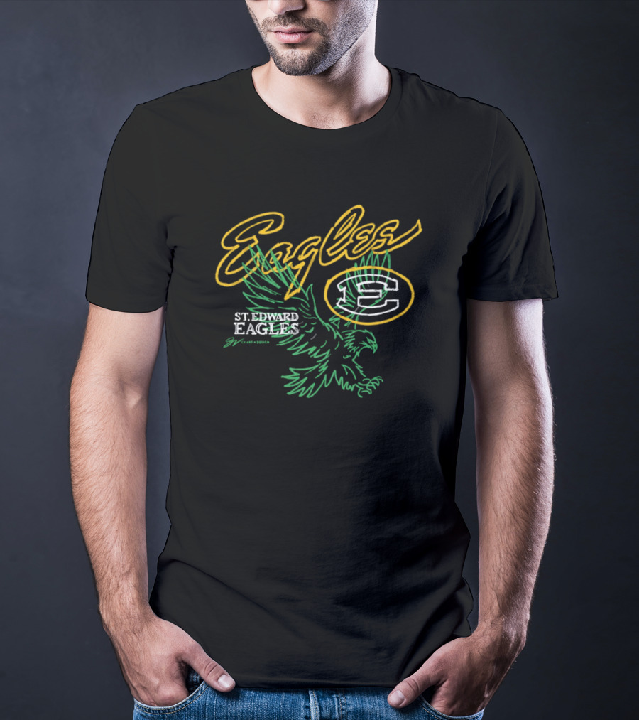 St. Edward Eagles Basketball Yellow Outline And Green Eagle Emblem T-Shirt
