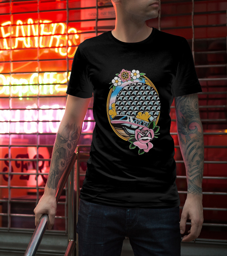 The Lost Bros Monorail Spaceship Earth Tattoo Style Floral T-Shirt