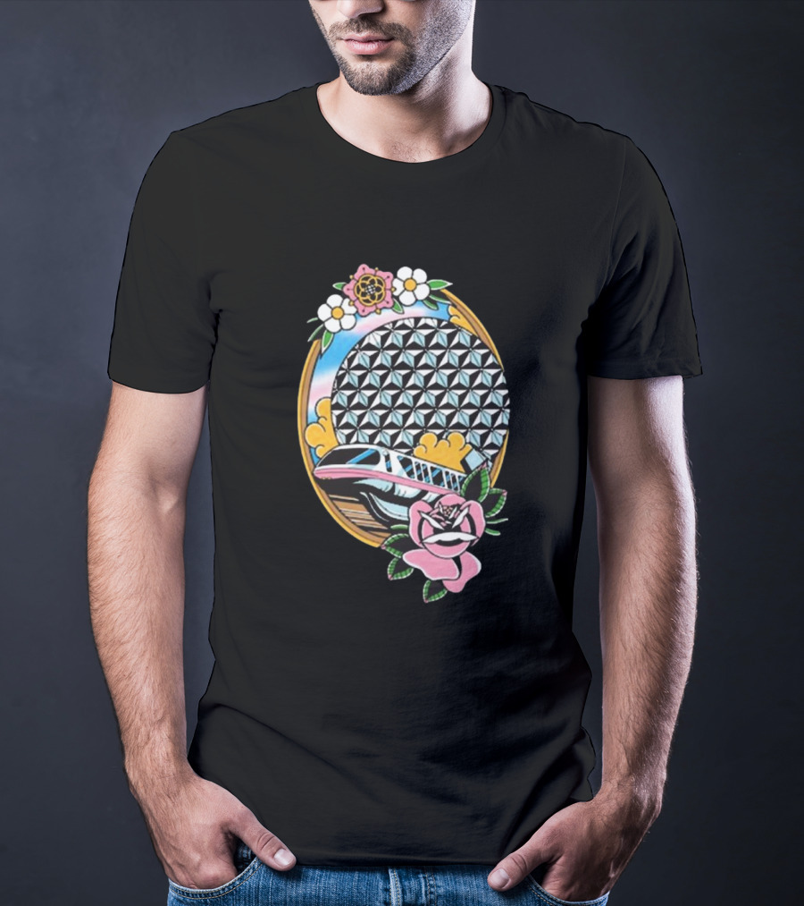 The Lost Bros Monorail Spaceship Earth Tattoo Style Floral T-Shirt