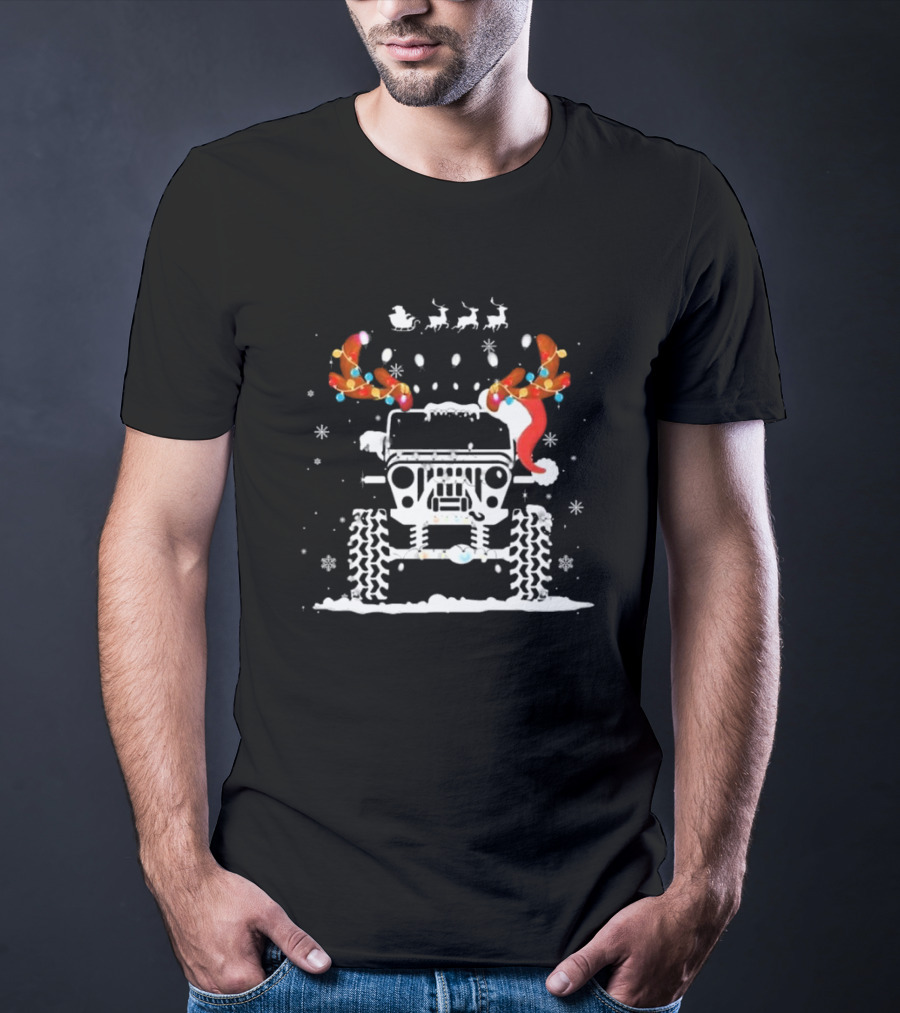 Jeep Reindeer Antlers Santa Sleigh Christmas Lights T-Shirt