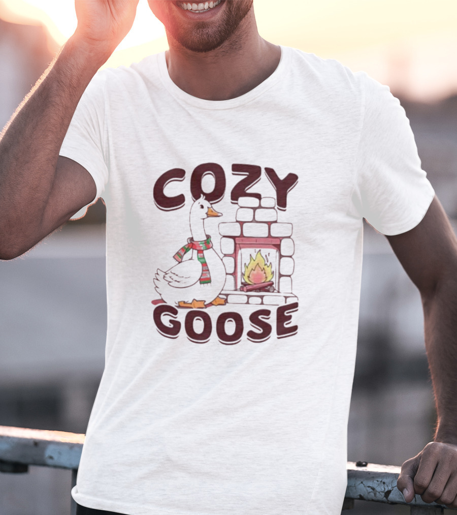 Cozy Goose Christmas Fireplace Scarf T-Shirt