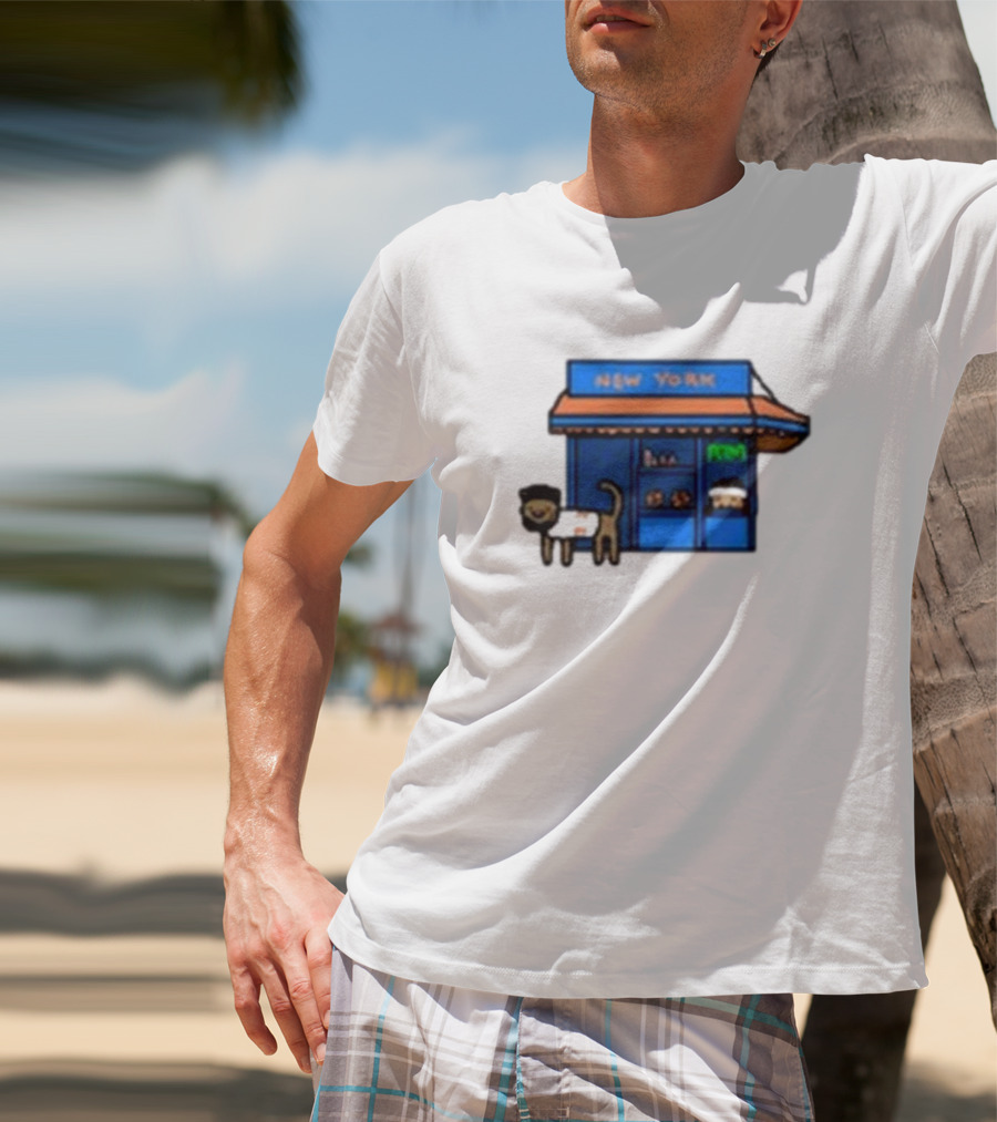 New York Bodega Kat With Blue Storefront And ATM T-Shirt