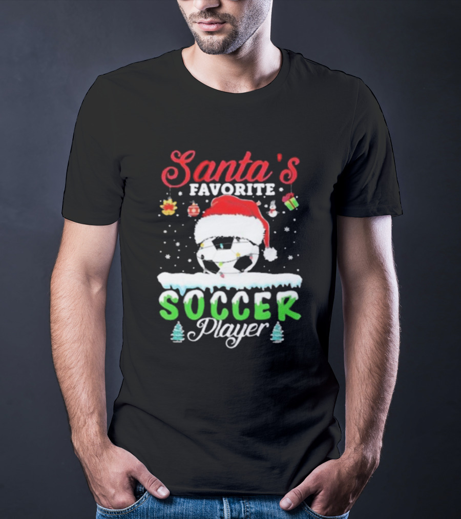Santa's Favorite Soccer Player Christmas Football Soccer Ball Santa Hat Snowflakes T-Shirt