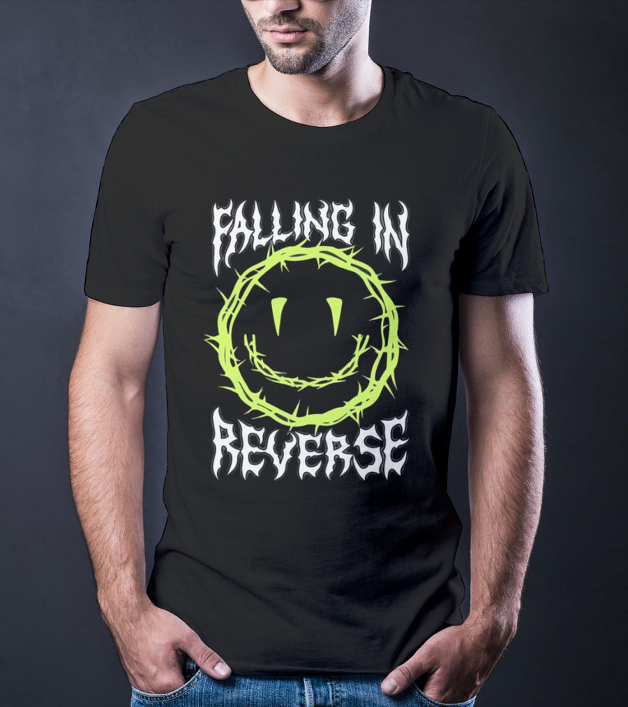 Falling In Reverse Smiley Face With Green Thorn Outline T-Shirt