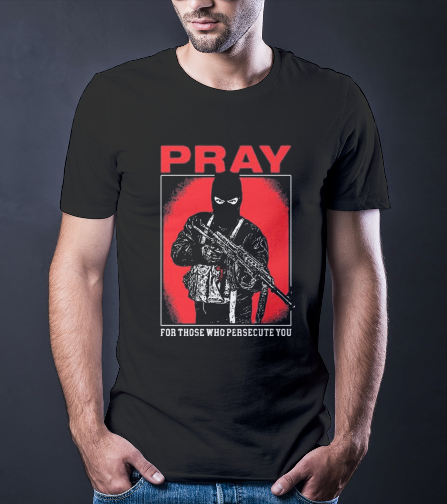 Ritualprintslc Shayne Smith Pray For Those Who Persecute You Masked Figure With Rifle In Red And Black T-Shirt