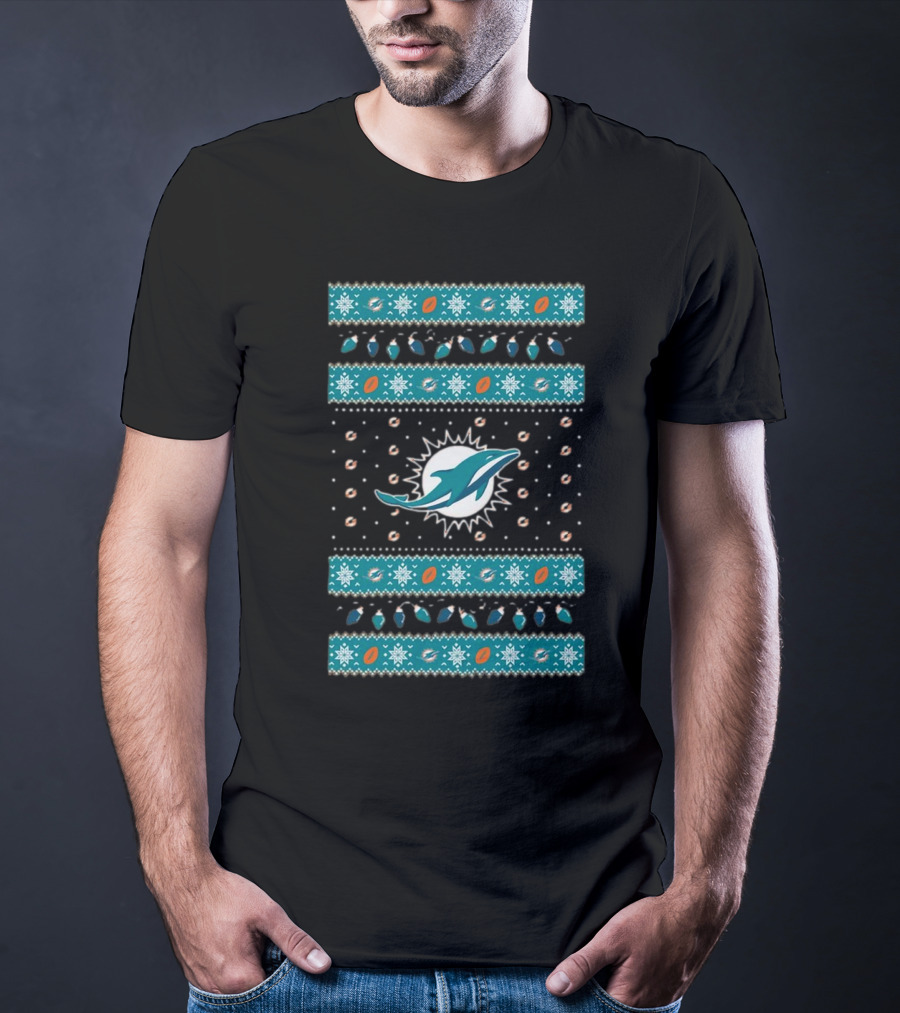 Miami Dolphins NFL Holiday Lights Ugly Sweater Christmas Football T-Shirt
