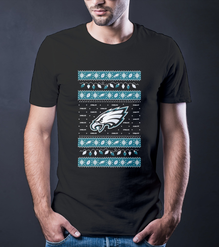Philadelphia Eagles NFL Holiday Lights Ugly Sweater Christmas Eagles Logo Pattern T-Shirt