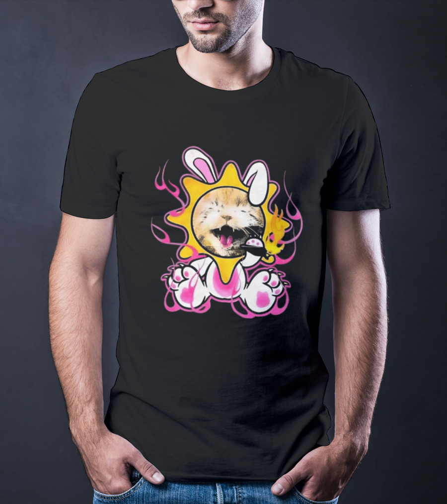 Praiseche Cat Sunburst Bunny Ears Pink Flames T-Shirt