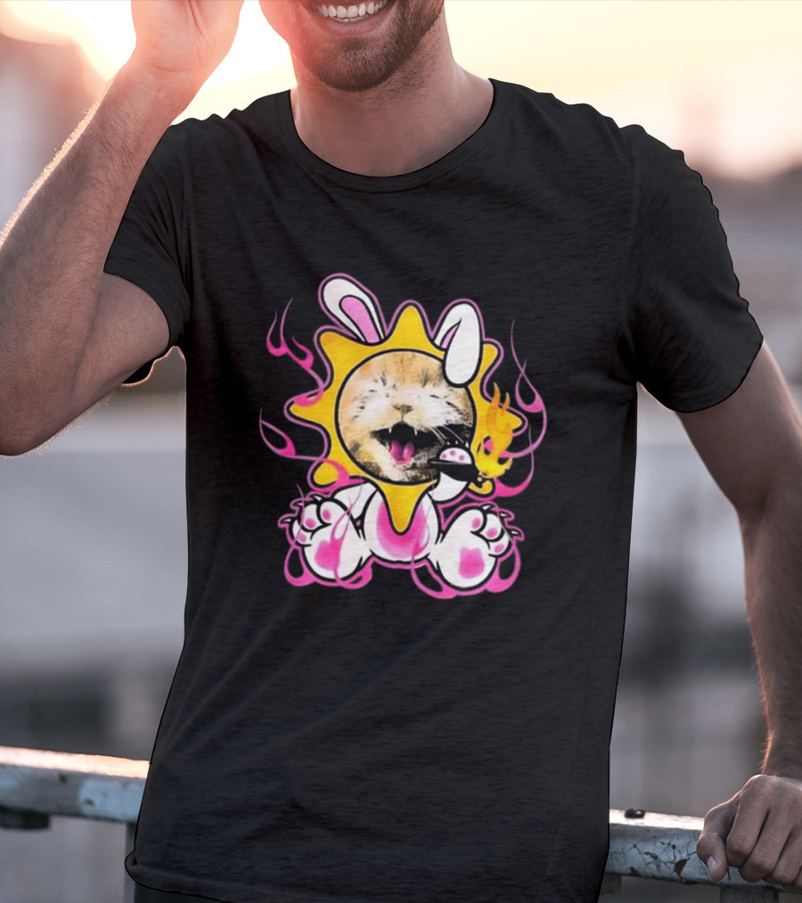 Praiseche Cat Sunburst Bunny Ears Pink Flames T-Shirt