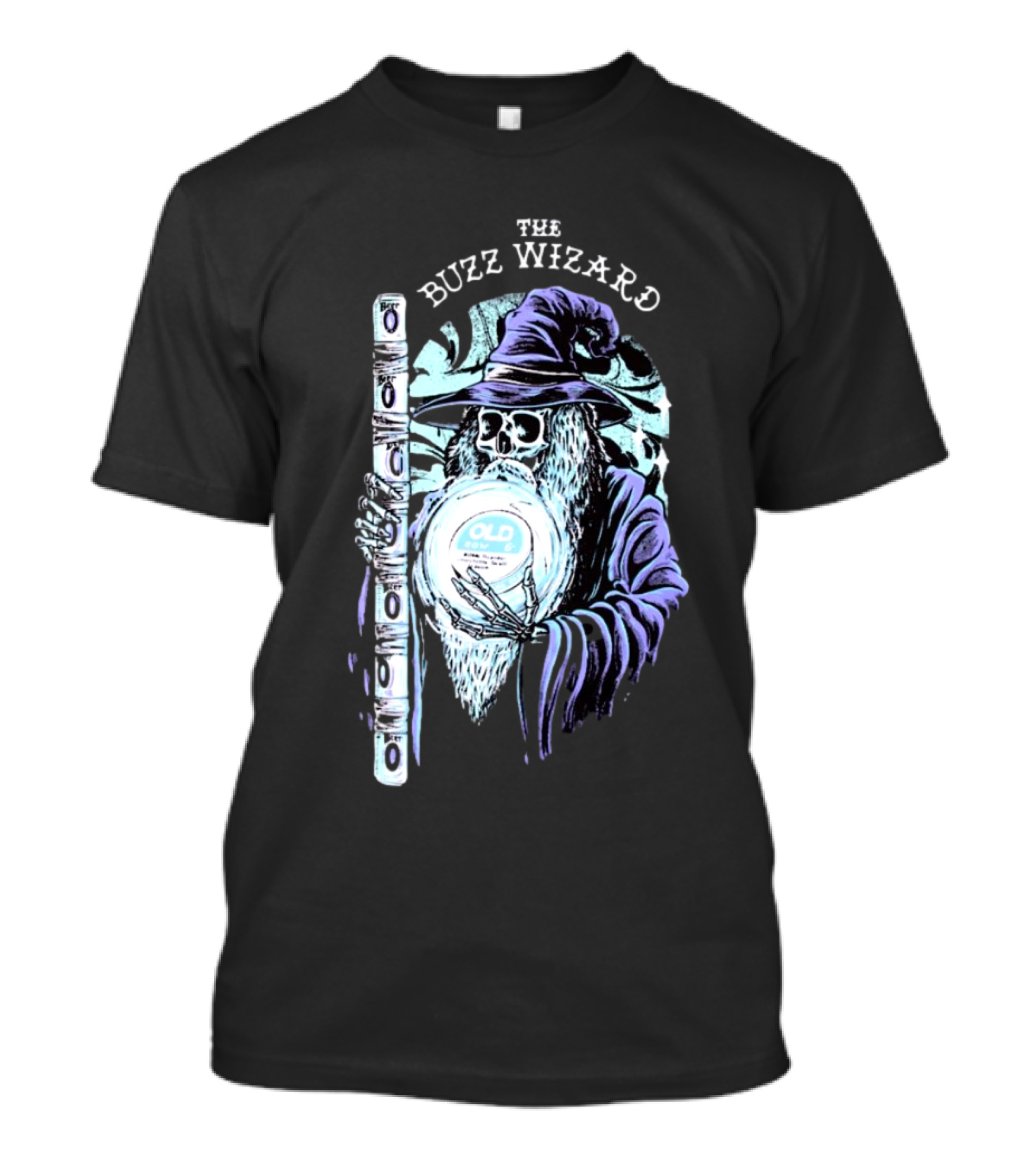 The Buzz Wizard Holding Old Row Branded Magic Orb And Staff T-Shirt