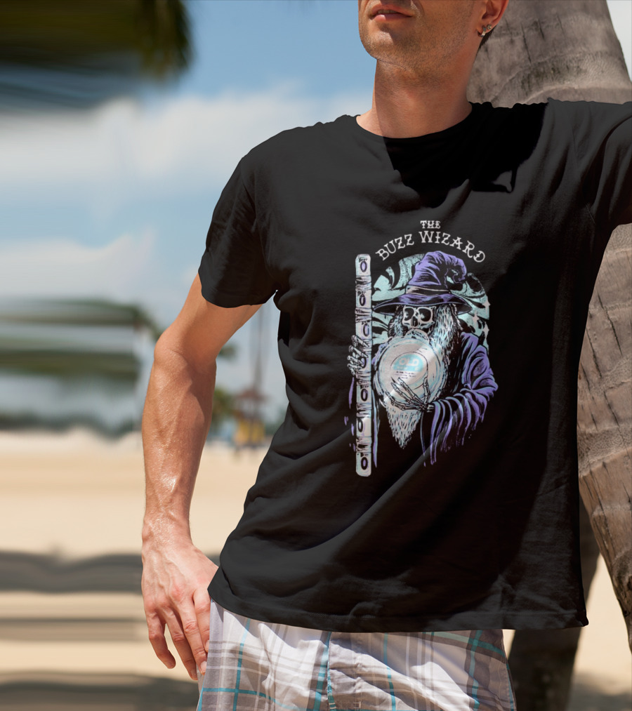 The Buzz Wizard Holding Old Row Branded Magic Orb And Staff T-Shirt