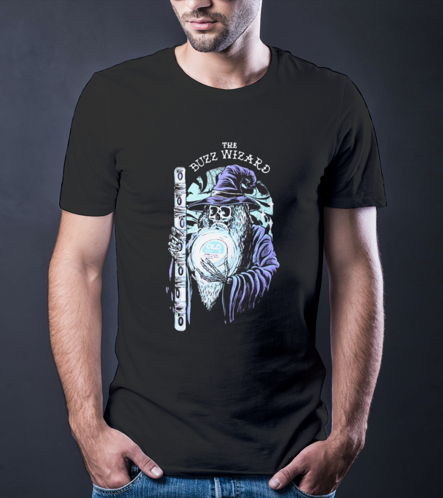 The Buzz Wizard Holding Old Row Branded Magic Orb And Staff T-Shirt