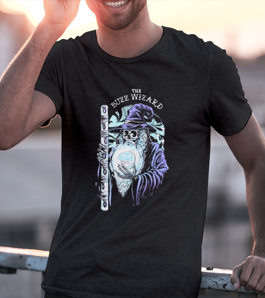 The Buzz Wizard Holding Old Row Branded Magic Orb And Staff T-Shirt