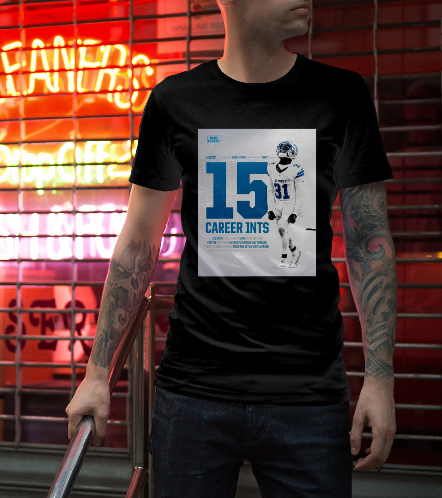 Detroit Lions Kerby Joseph 15 Career INTs Tied With James Hunter And Bobby Watkins Most INTs Since 1970 AFL-NFL Merger T-Shirt