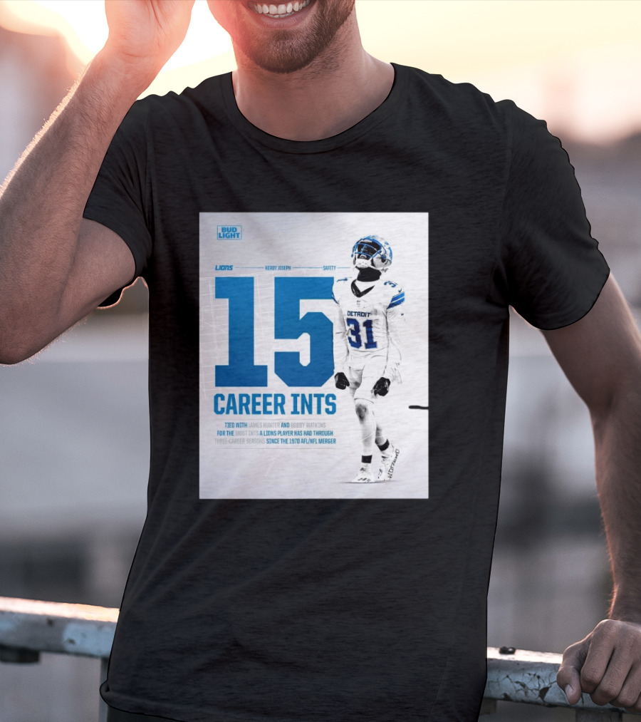 Detroit Lions Kerby Joseph 15 Career INTs Tied With James Hunter And Bobby Watkins Most INTs Since 1970 AFL-NFL Merger T-Shirt