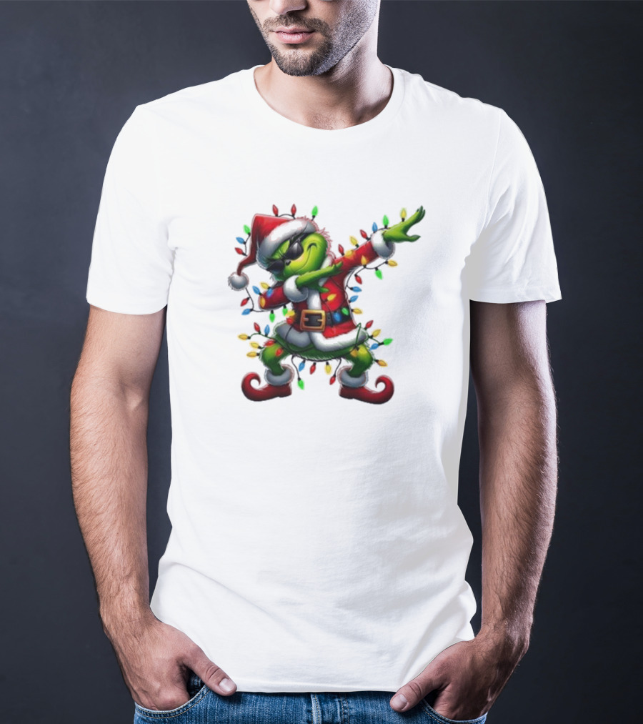 Santa Grinch Dabbing Festive Lights Merry Christmas T-Shirt