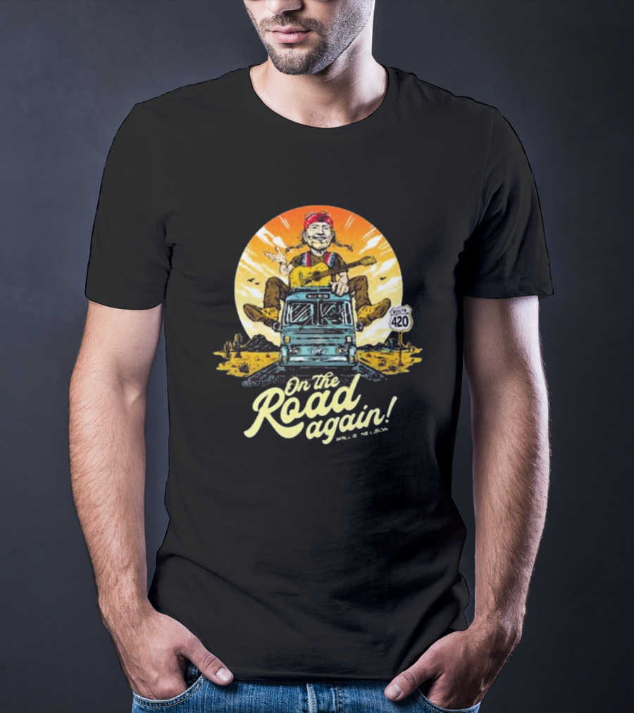 Willie Nelson On The Road Again Retro Route 420 Bus T-Shirt