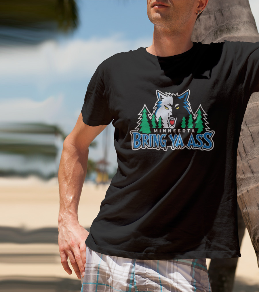 Minnesota Bring Ya Ass Wolf Logo With Trees T-Shirt