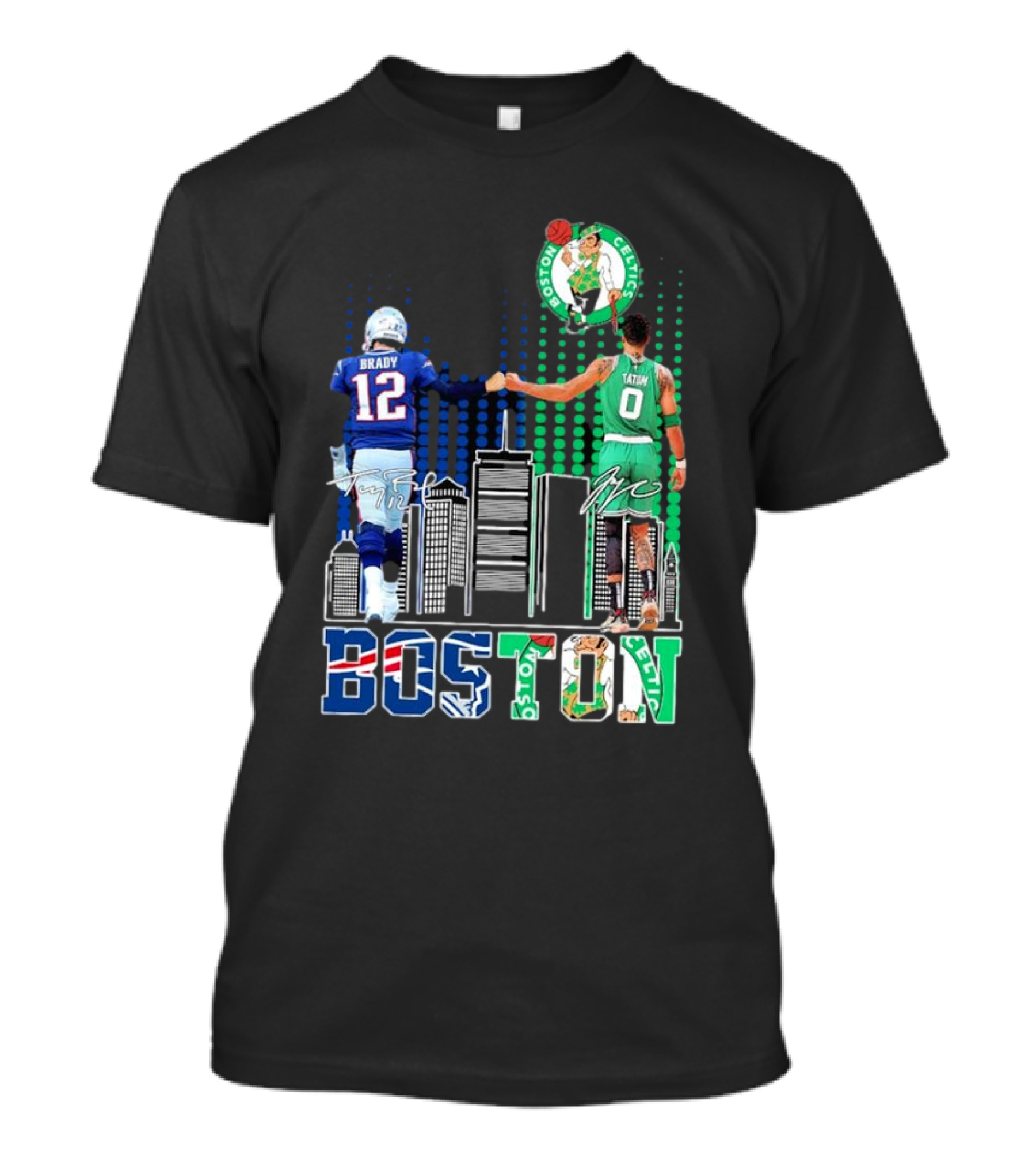Boston Patriots And Celtics Skyline Featuring Tom Brady And Jayson Tatum Signatures T-Shirt