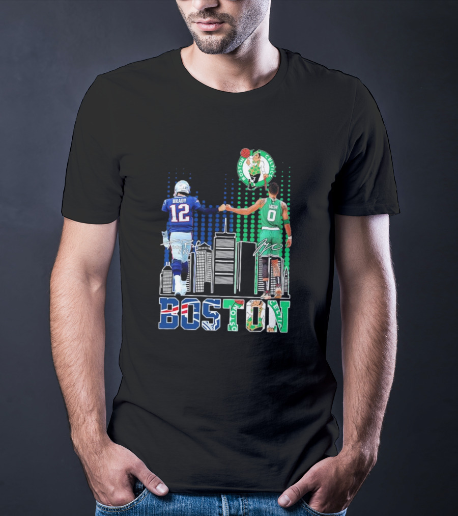 Boston Patriots And Celtics Skyline Featuring Tom Brady And Jayson Tatum Signatures T-Shirt