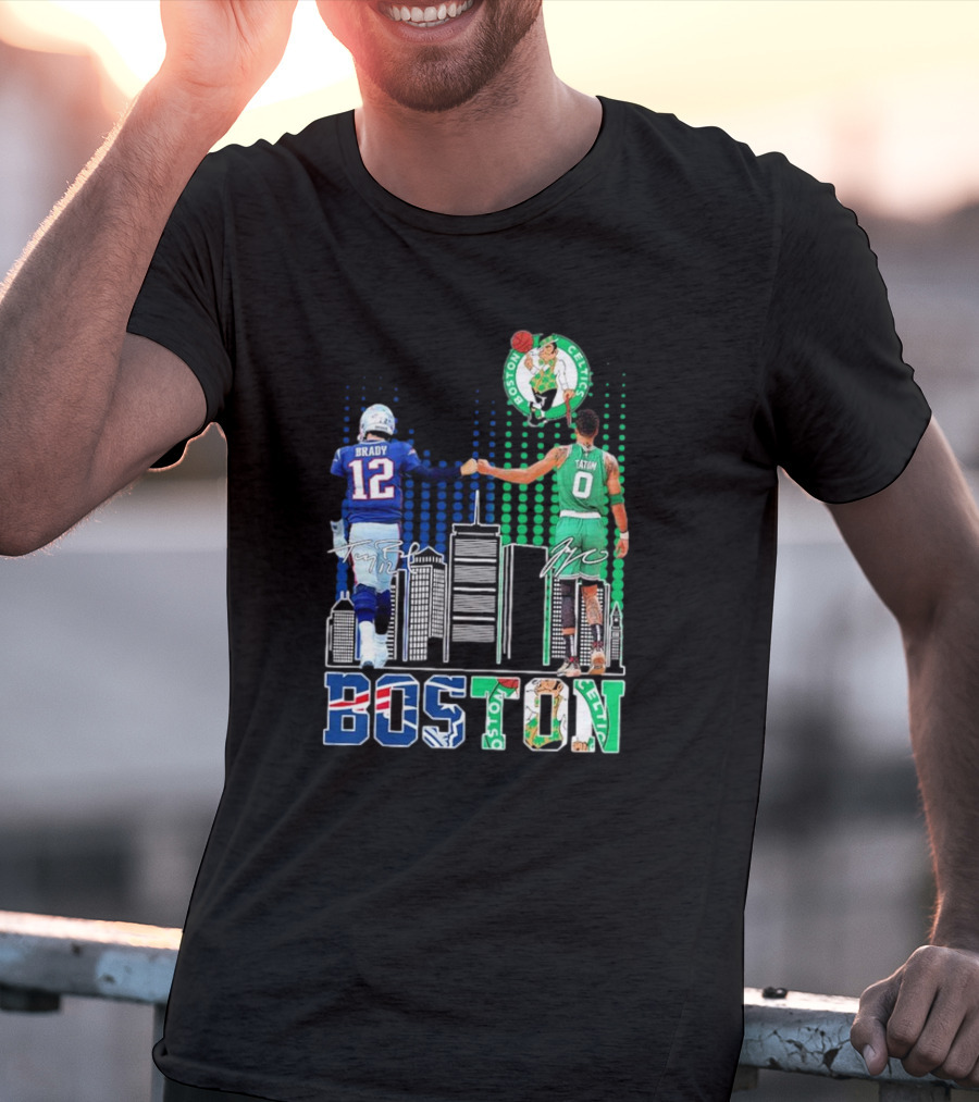 Boston Patriots And Celtics Skyline Featuring Tom Brady And Jayson Tatum Signatures T-Shirt