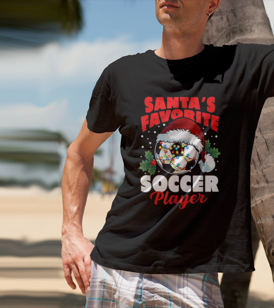 Santa's Favorite Soccer Player Christmas Pajama Xmas Soccer Ball And Santa Hat T-Shirt