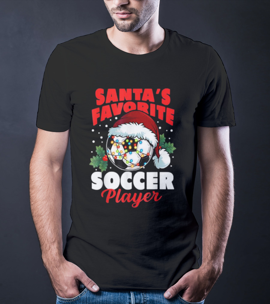 Santa's Favorite Soccer Player Christmas Pajama Xmas Soccer Ball And Santa Hat T-Shirt
