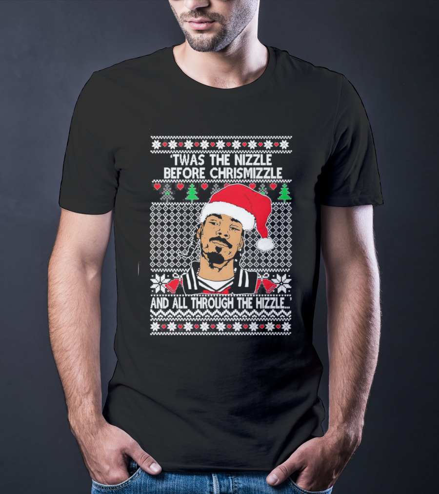 Snoop Dogg Twas The Nizzle Before Chrismizzle Santa Hat Pattern Christmas T-Shirt