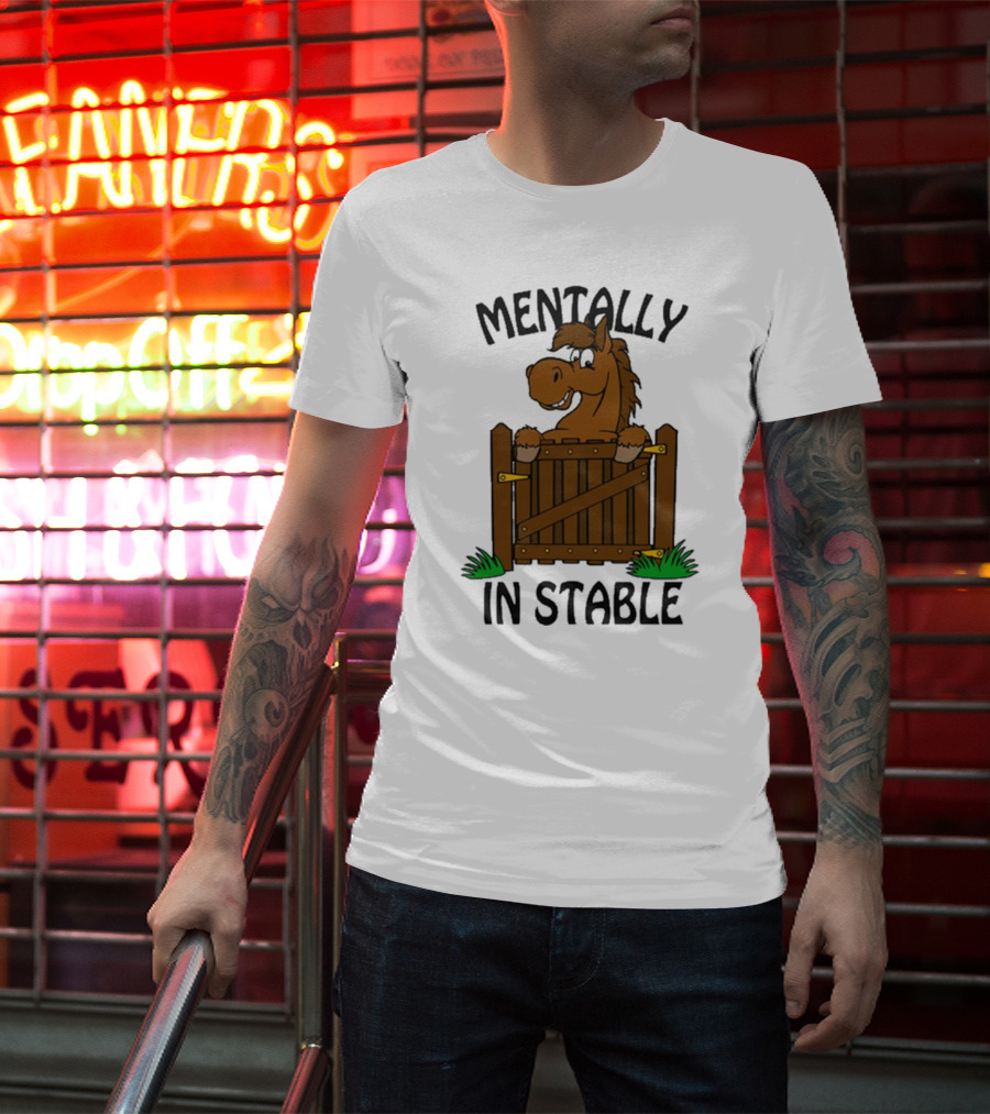 Mentally In Stable Cartoon Horse Gate Humorous T-Shirt