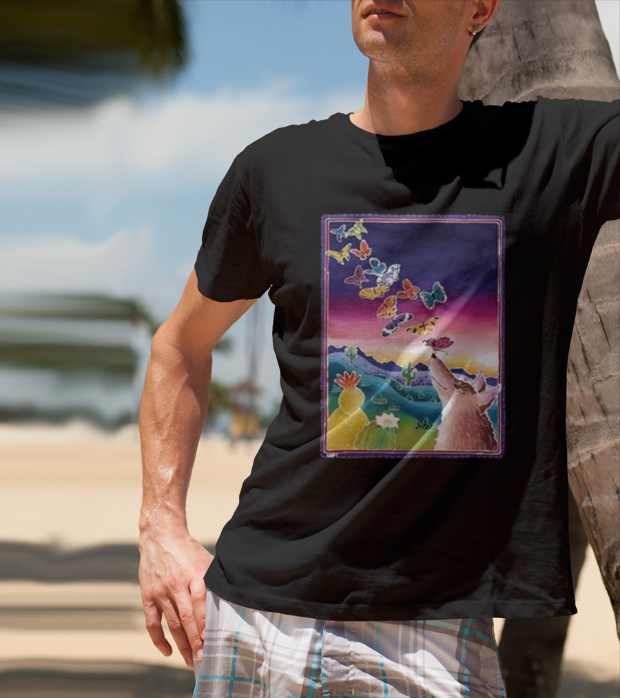 Jimmorris Smiles At Nature’s Wonders Colorful Desert Landscape With Coyote And Butterflies T-Shirt