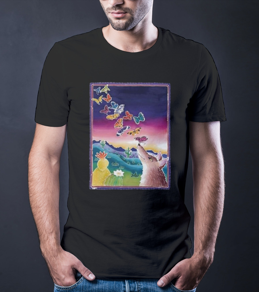 Jimmorris Smiles At Nature’s Wonders Colorful Desert Landscape With Coyote And Butterflies T-Shirt