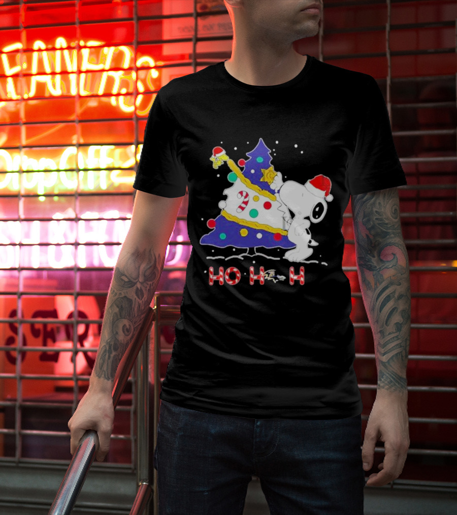 Ho Ho Ho Snoopy Woodstock Christmas Tree Baltimore Ravens T-Shirt