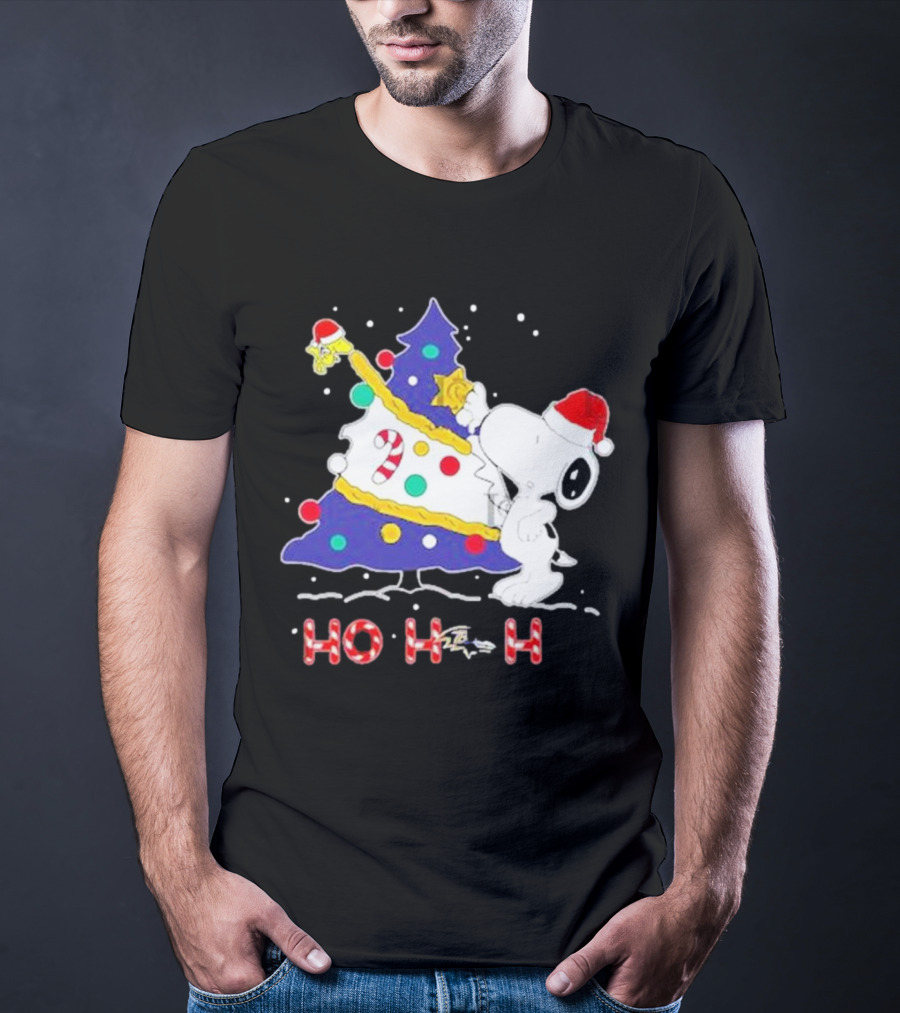Ho Ho Ho Snoopy Woodstock Christmas Tree Baltimore Ravens T-Shirt