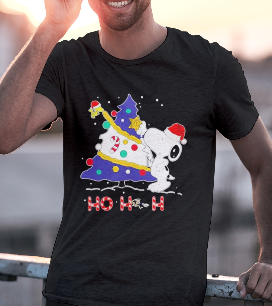 Ho Ho Ho Snoopy Woodstock Christmas Tree Baltimore Ravens T-Shirt
