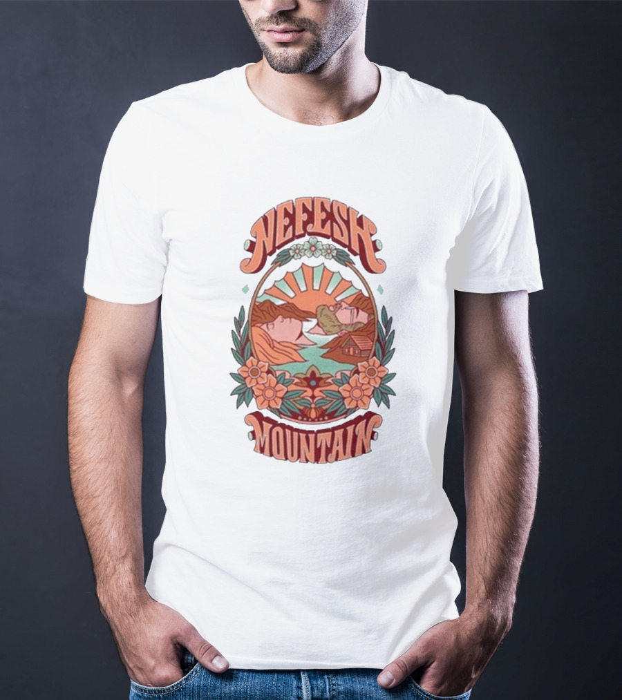 Nefesh Mountain Sunrise Scene With Cabin And Flowers T-Shirt