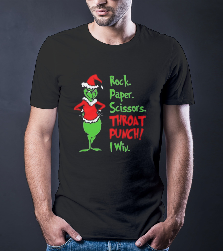 Grinch Rock Paper Scissors Throat Punch I Win Merry Christmas T-Shirt