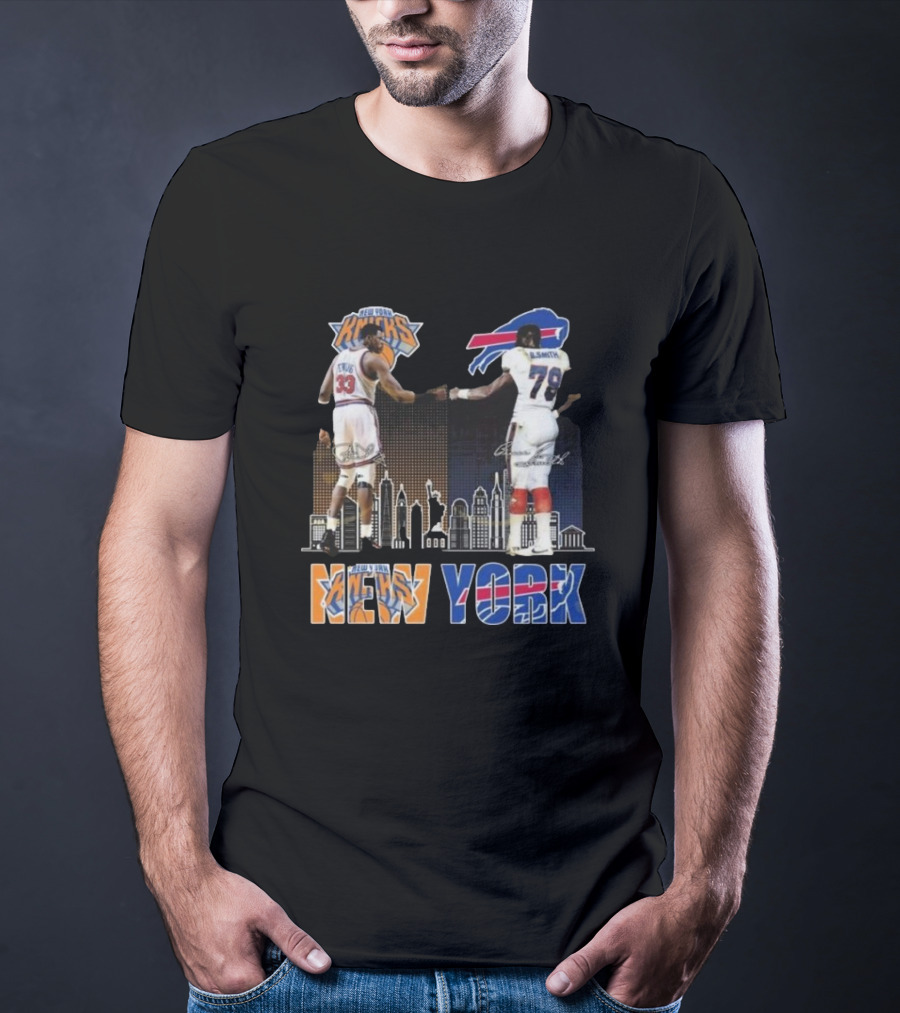 New York Knicks Buffalo Bills Cityscape Collaboration With Ewing And Smith Signatures T-Shirt
