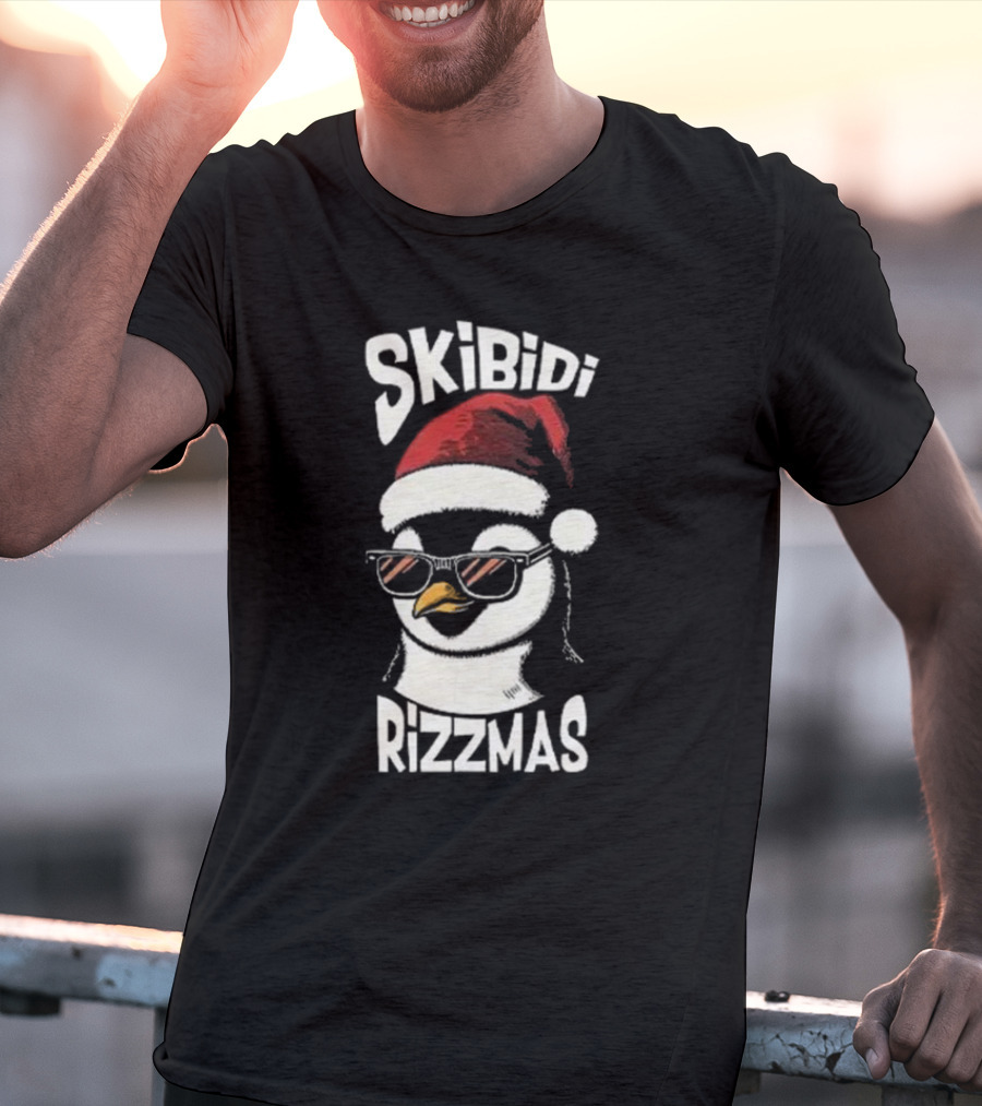 Skibidi Rizzmas Christmas Penguin With Santa Hat And Sunglasses T-Shirt