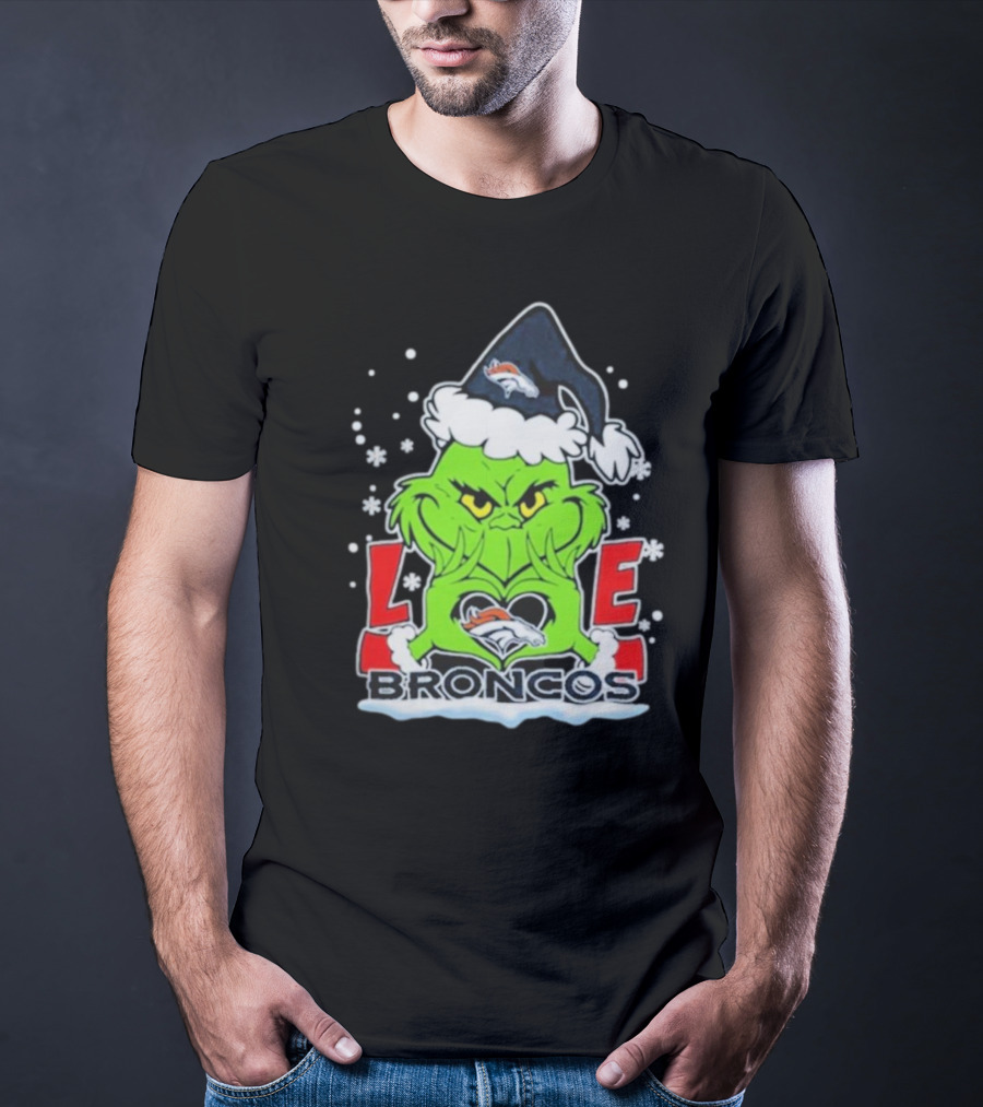 The Grinch Love Denver Broncos Christmas Football T-Shirt