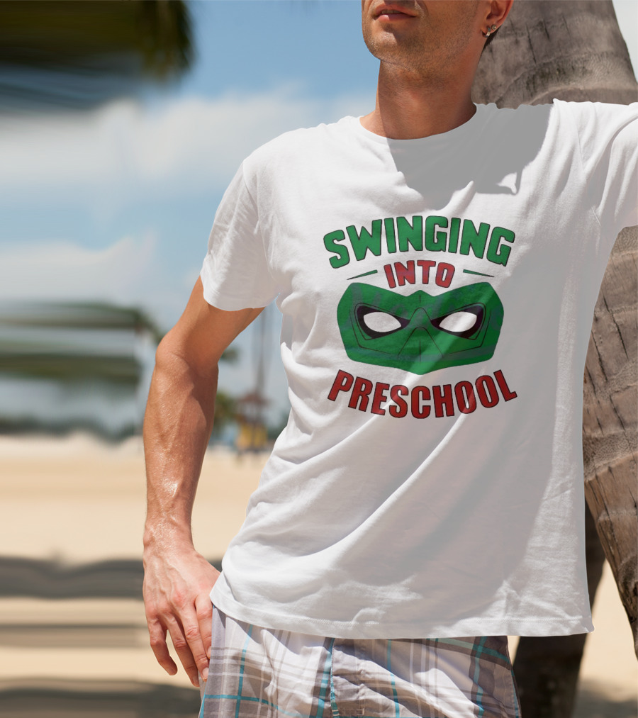 Swinging Into Preschool Green Superhero Mask T-Shirt