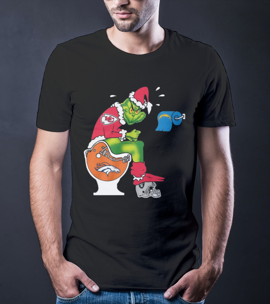 The Grinch On Toilet Kansas City Chiefs, Denver Broncos, Oakland Raiders, Chargers Christmas T-Shirt