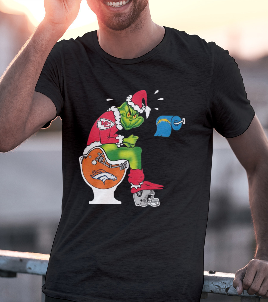 The Grinch On Toilet Kansas City Chiefs, Denver Broncos, Oakland Raiders, Chargers Christmas T-Shirt
