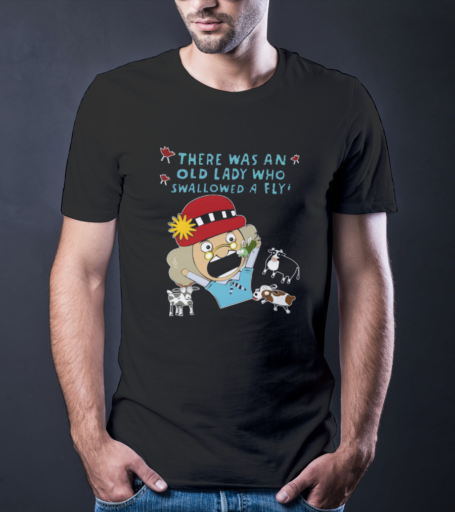 There Was An Old Lady Who Swallowed A Fly Black Funny Cartoon With Animals T-Shirt