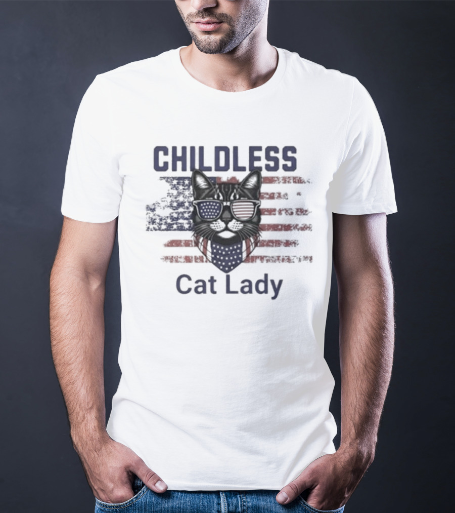 Childless Cat Lady Patriotic American Flag Cat With Sunglasses T-Shirt