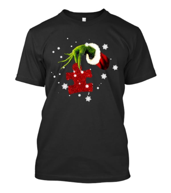 Grinch Hand Holding Red Glitter Puzzle Piece Autism Christmas Snowflakes T-Shirt