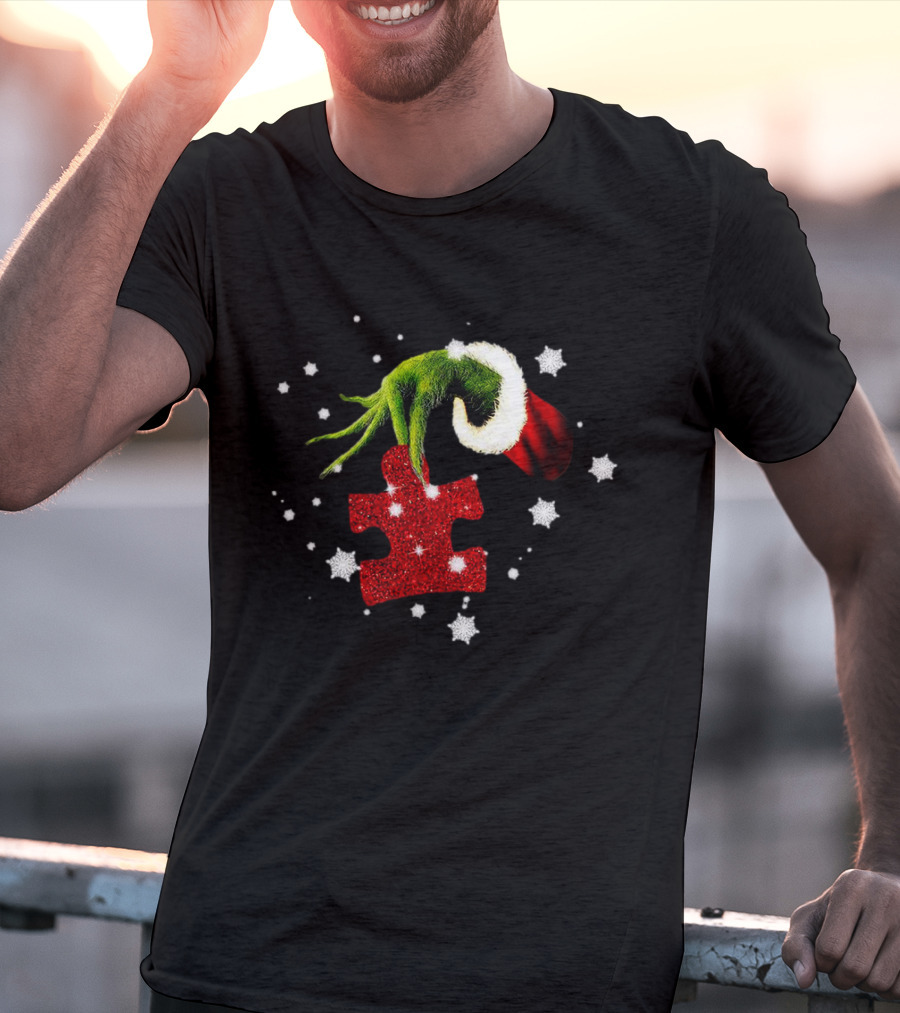 Grinch Hand Holding Red Glitter Puzzle Piece Autism Christmas Snowflakes T-Shirt